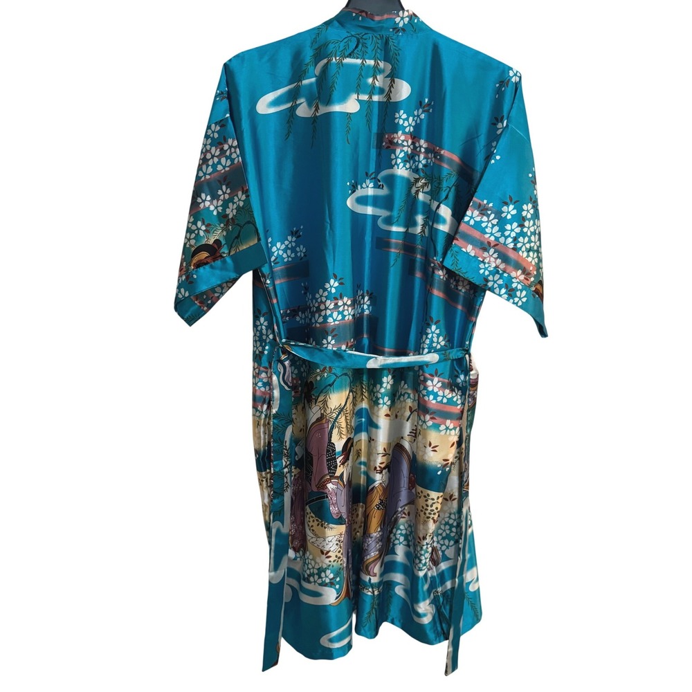 VTG Oriental Village Kimono Women's Size XL Floral Geisha Turquoise Silk Blend